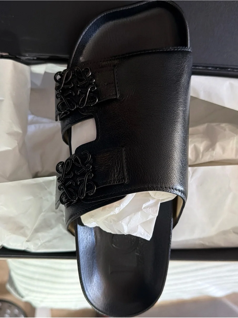 Mens Black Slide Sandal with Decorative Buckles